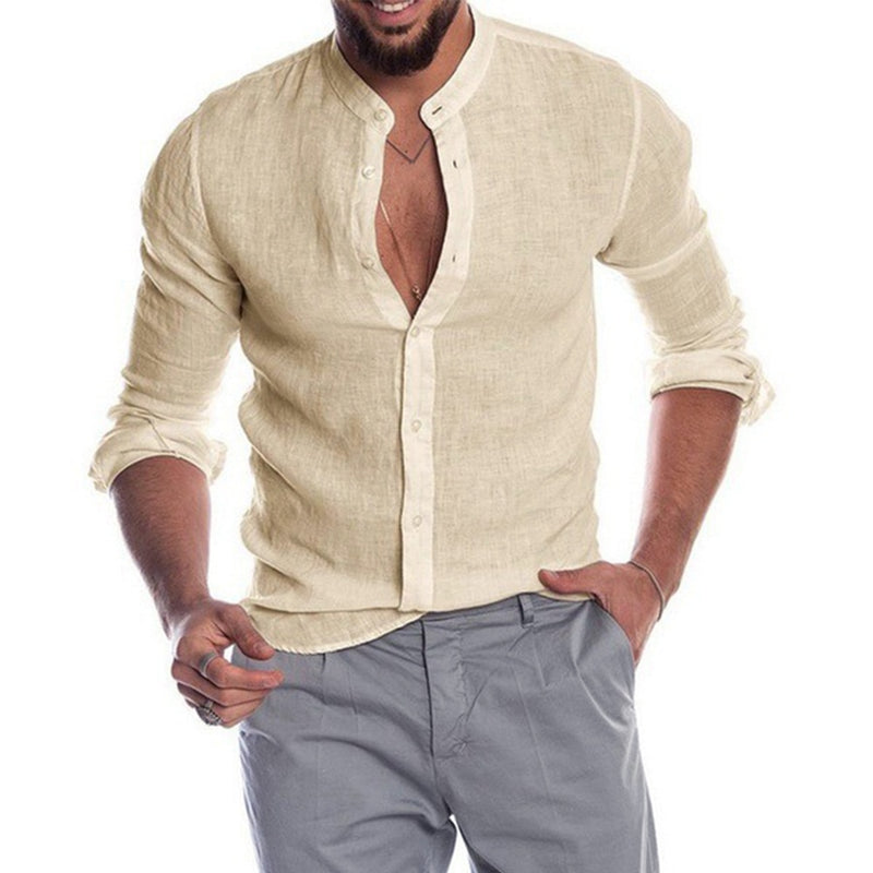 Camisas masculinas de linho e algodão de mangas compridas