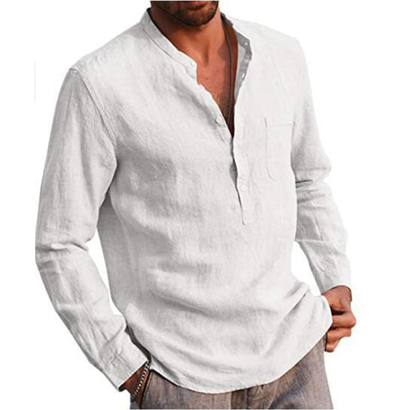 Camisas masculinas de linho e algodão de mangas compridas