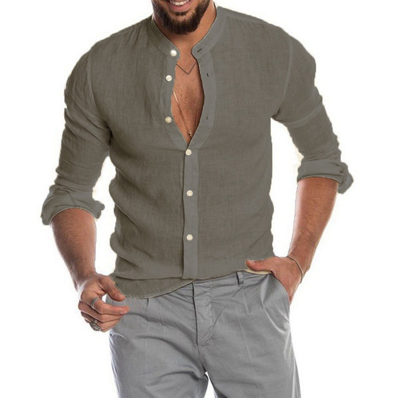 Camisas masculinas de algodão e linho de mangas compridas